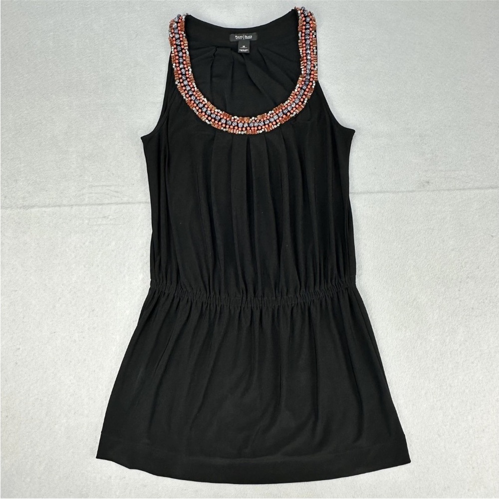 White House Black Market Tank Top Dress Womens Medium Black Beaded Neck Tunic